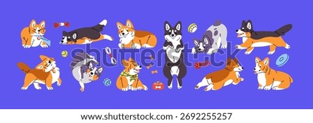 Cute set of corgi. Funny dogs are playing with toys and having a rest. Happy puppies sleep, relax, push leash and have fun. Adorable pets. Amusing domestic animals. Flat isolated vector illustrations