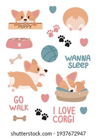 Conjunto de corgi pegatinas vectores ilustración de dibujos animados 
