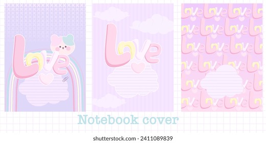 Cubierta Set para portátiles con nubes, arcos y estrellas. Para el diseño de libros para niños, folletos, plantillas para diarios escolares. Ilustración vectorial lema de amor sobre fondo púrpura rosa 