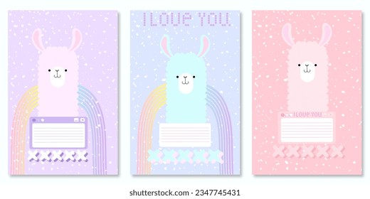 Cute Set covers for notebooks with kawaii llama animals character. For the design of children s books, brochures, templates for school diaries. Vector illustration lama 