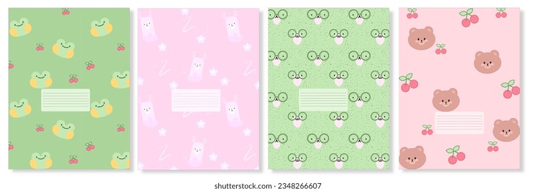 Cute Set covers for notebooks with kawaii animals character. For the design of children s books, brochures, templates for school diaries. Vector illustration