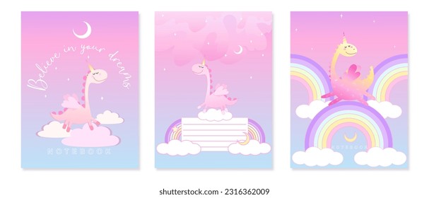 Cute Set covers for notebooks with unicorn, rainbows, clouds and stars. For the design of children s books, brochures, templates for school diaries. Vector illustration