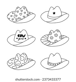 Cute set of cowgirl and cowboy hat. Sheriff hat with hearts, cow, flower print in cowboy and cowgirl western theme. Simple doodle with hand drawn outline collection for horse ranch, wild west style