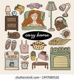 Cute set of cozy home doodles stickers