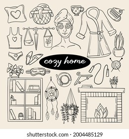 Cute set of cozy home doodles stickers
