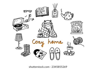 Cute set of cozy home elements with lettering. Cozy autumn. Vector illustration in doodle style for design, greeting card, decoration, textile. Hand drawn. Isolated on white