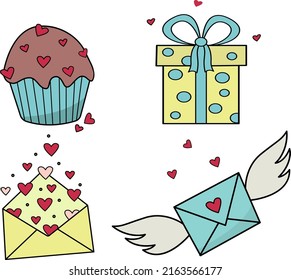 Cute set with cupcake, letter, gift for Valentine's Day, wedding, romantic event. Contour vector icons for websites and interfaces, mobile applications, icons, postcards. Nice set.