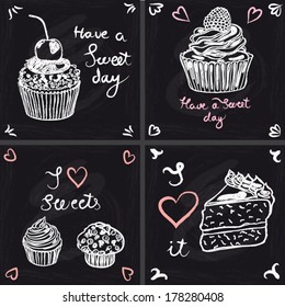 Cute set of cupcakes, muffin and cake on chalkboard background. Hand drawn vector illustration.
