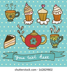 Cute set of cupcakes and teapot and cups