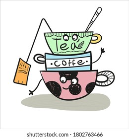 Cute set of cups with coffee and teaVector illustration