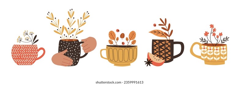 Cute set with cups and mugs, decorated with seasonal plants and branches. Herbal tea or mulled wine. Isolated vector illustration in flat design