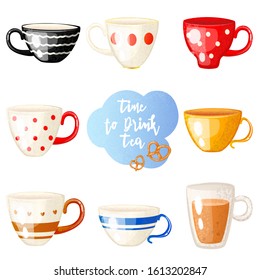 Cute set cups on a white background. Сartoon style. Vector illustration.