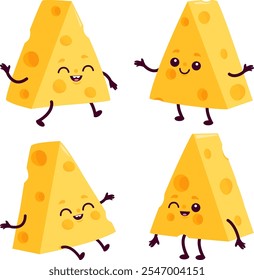 Cute set of dairy products, cartoon cheese sliced in triangle pieces. Yellow cheese characters, emmental, gouda, cheddar, parmesan or Swiss cheese. Vector illustration set