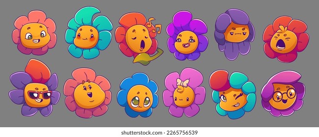 Cute set of daisy flower face emotions in vector. Isolated groovy floral character with happy, shy, tired and cool emotion expression. Comic cheerful plant design with petal in retro style.