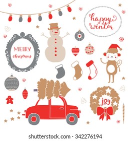 Cute set for decoration gifts, scrapbook, decorations for Christmas and New Year party.