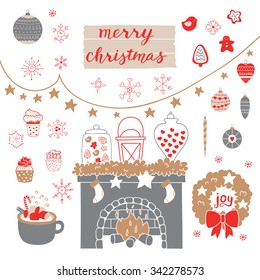 Cute set for decoration gifts, scrapbook, decorations for Christmas and New Year party. Hand lettering quote Merry Christmas.