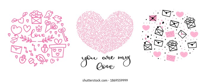 Cute Set of decorative elements in the Scandinavian style. For postcards and posters for Valentine's day or wedding.