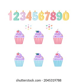 A cute set for designing cupcakes with candles, numbers and decor and blueberries, cherries and strawberries. Vector set of elements on a white background