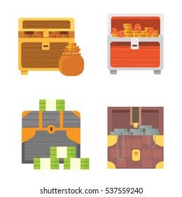 Cute set of diferent chests. Cartoon illustration chest. Safe money vector 