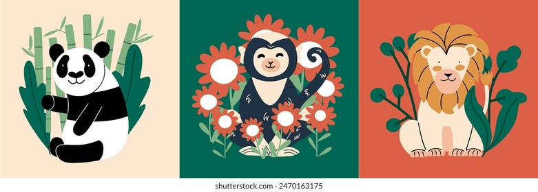 Cute set with different baby animals. Vector illustration with funny lion, panda, monkey. 