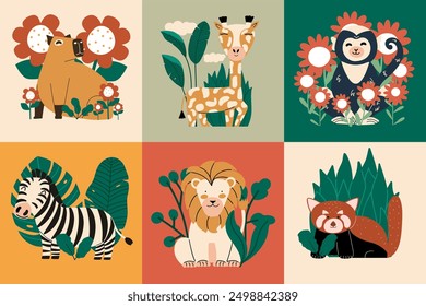 Cute set with different baby animals. Vector hand draw illustration with funny lion, panda, monkey, giraffe, capybara. Design of children's  postcards.