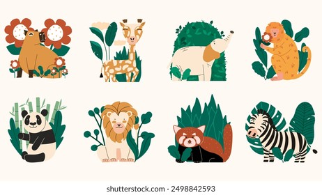 Cute set with different baby cartoon animals. Vector hand draw illustration with funny lion, panda, monkey, giraffe, capybara, zebra. 