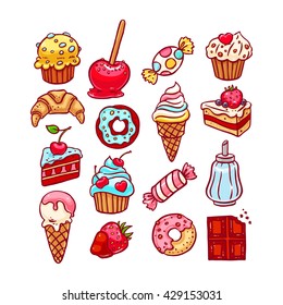 cute set of different desserts. hand-drawn illustration