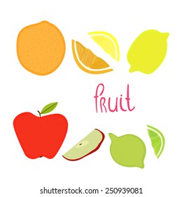 Cute set with different fruit on white background. Vector illustration. 