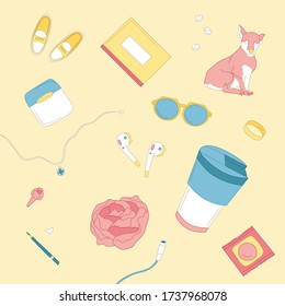 Cute set of different items of everyday life. Stylish doodle illustration 