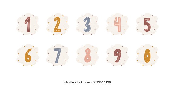 Cute set with different numbers. Boho elements for birthday card template. Scandinavian vector illustration.