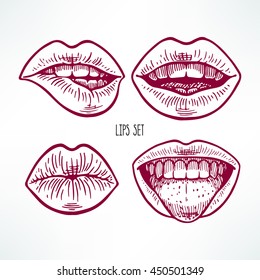 cute set of different sketch lips. hand-drawn illustration