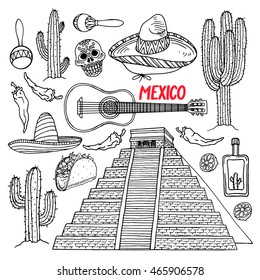 cute set of a different sketch traditional Mexican items. Chichen Itza. hand-drawn illustration