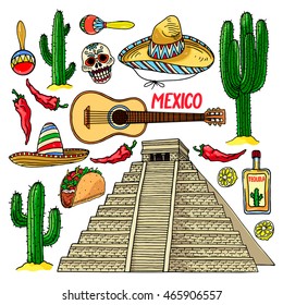 cute set of a different traditional Mexican items. Chichen Itza. hand-drawn illustration