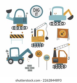 A cute set of digger, crane, bulldozers and construction vector illustrations