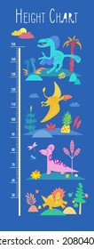 Cute set of dinosaurs in prehistoric forest hand drawn vector colored characters. Height chart in childrens room.