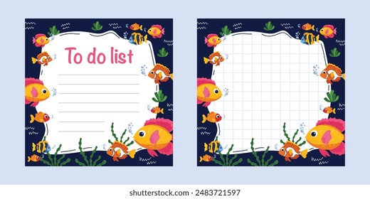 Cute set of to do list, note paper. Vibrant delightful fish in children's cartoon style and back to school concept. For school planners, kids notes, organization of educational process.