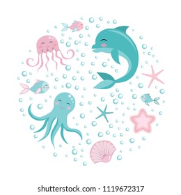 Cute set dolphin, octopus, fish, jellyfish. underwater world collection