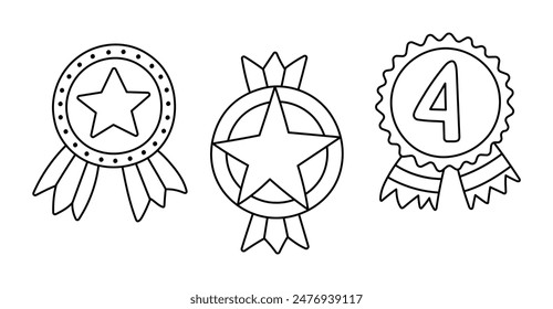 Cute set with doodle badges and medals in colors of US flag. Outline insignia with stars, ribbon as symbol of Independence day, 4th July, freedom, democracy. Hand drawn collection isolated on white.