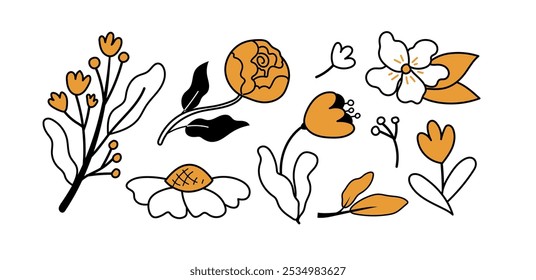 Bonito conjunto de flores de doodle. Néctar floral, florescendo coleção de plantas. Ilustração de vetor desenhada à mão