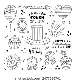 Cute set with doodle patriotic symbols of USA Independence day. Fireworks, Uncle Sam hat, medal, cupcake, balloons, flag, lettering, etc. Outline hand drawn national signs for 4th July celebration.