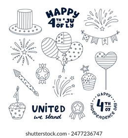 Cute set with doodle patriotic symbols of USA Independence day. Fireworks, Uncle Sam hat, medal, cupcake, balloons, flag, lettering, etc. Outline hand drawn national signs for 4th July celebration.