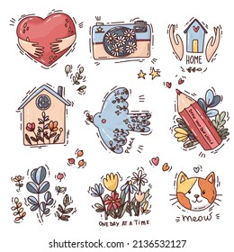 cute set in doodle style with diferent elements. plants with cat, hand with heart , flowers and kind quotes. Vector illustration for stickers.