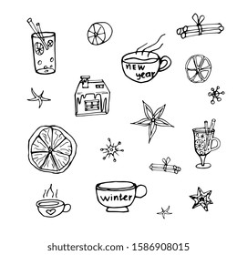 Cute set in doodle style, New Year's mood. Cups with tea and coffee, cinnamon, vanilla, gingerbread house, citruses, mulled wine and snowflakes. For your design isolated on a white background.
