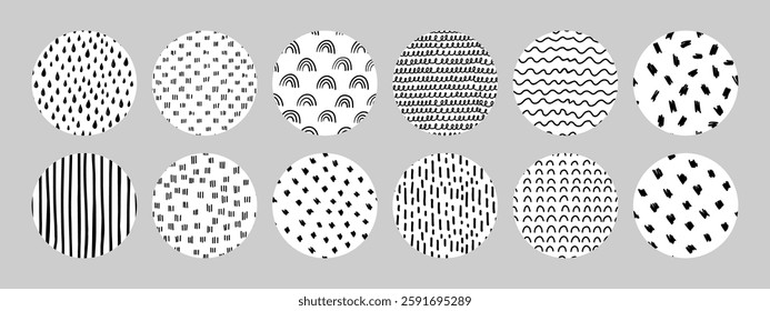 Cute set of doodle texture circles with hearts, rainbows, wavy lines, drops, small dashes, and dots. Perfect for design, packaging, scrapbooking, kids projects, and creative ideas. Vector illustration