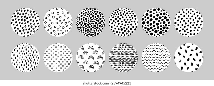 Cute set of doodle texture circles with rainbows, wavy lines, drops, small dashes, and dots. Perfect for design, packaging, scrapbooking, kids projects, and creative ideas. Vector illustration