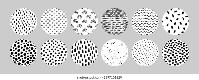 Cute set of doodle texture circles with rainbows, wavy lines, drops, small dashes, and dots. Perfect for design, packaging, scrapbooking, kids projects, and creative ideas. Vector illustration