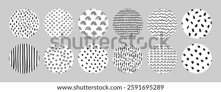 Cute set of doodle texture circles with hearts, rainbows, wavy lines, drops, small dashes, and dots. Perfect for design, packaging, scrapbooking, kids projects, and creative ideas. Vector illustration