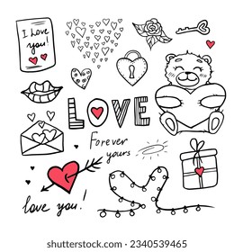 Cute set doodle vector elements with hearts, love letters, envelopes with heart icons for valentine's day cards, posters, wrapping and design