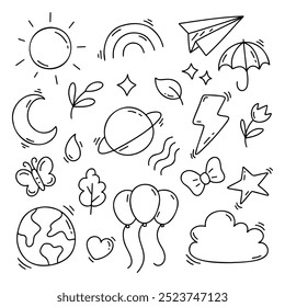 A cute set of children’s doodles featuring the sun, moon, rainbow, balloons, leaves, and more. Hand-drawn kindergarten elements perfect for educational materials, cards, and playful designs.