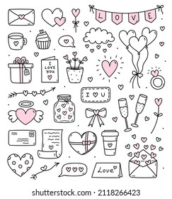 Cute set of doodles for Valentine's Day - love letters and cards, hearts, balloons, gifts, champagne, bunting and others. Vector hand-drawn illustration. Perfect for holiday designs, stickers, decor.